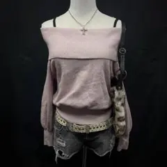 平成ギャル　y2k グランジ　オフショル ニット　ピンク　姫ギャル　短丈