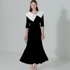 Leja 配色アシンメトリービッグカラーベロアマーメイドシルエットドレス　結婚式