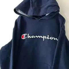 チャンピオン 刺繍 スウェット パーカー L ネイビー 紺色古着 短丈