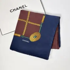 CHANEL ココマーク シルク 大判スカーフ イタリア製 ブラウン/ネイビー