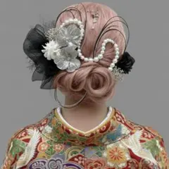 ブラック×シルバー パールチェーン 水引アレンジ　結婚式　成人式　卒業式　髪飾り