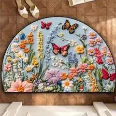 半円マット　玄関マット　洗濯可　アンティーク調　インテリア　ヴィンテージ　刺繍風