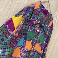 70s〜80s パッチワーク風 フローラル×幾何学 総柄 長袖シャツ レトロ 