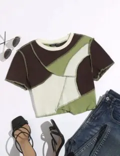 シーイン コントラストステッチカラーブロックアシンメトリカル トップ
