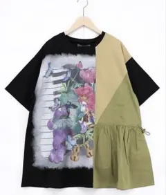 イズスカラー　562227：楽器×お花のブローチ柄 アシメ配色切替チュニックのサムネイル