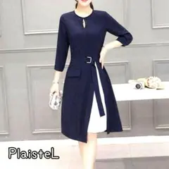 ベルト付き【プレイステル】シフォン 切り替え 7分袖プリーツワンピース ネイビー