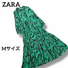ZARA ザラ マーブル柄 ティアード マキシワンピース グリーン M