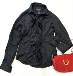 RALPH LAUREN フリル ブラウス 長袖 黒 ブラックM 上品 きれいめのサムネイル