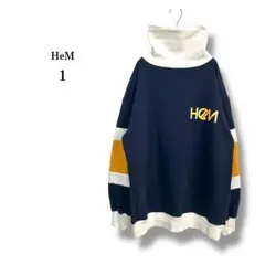 美品【HeM】ヘム　ハイネックトレーナー　メンズロンT 綿　配色　ロゴ　1
