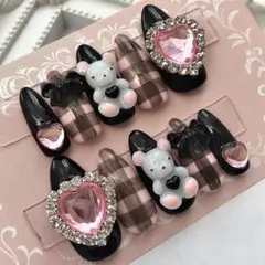 ネイルチップ 量産型 地雷 サブカル 天使界隈 黒 ピンク ハート クマ リボン