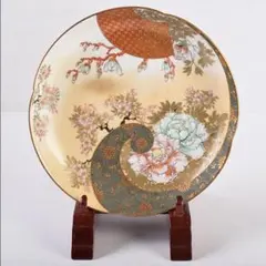 九谷焼　古九谷　色絵青粒金彩　桜牡丹文　飾皿　V　R8914