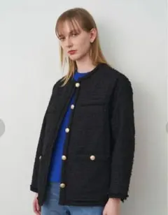united arrows ファンシーツイードノーカラージャケット ネイビー