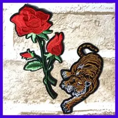 一輪の薔薇 トラ バラ タイガー ワッペン 刺繍 虎 diy 手芸 アイロン