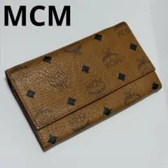 MCM 二つ折り財布 ヴィセトス柄 ライトブラウン MCMロゴ レザー シボ革 