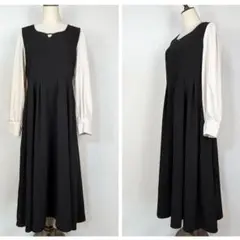 ☆【Dazy】XL 黒×ベージュ ロングワンピース 重ね着風 ゆったり春秋