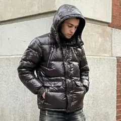 00s y2k フード 光沢 ダウンジャケット Ｌ 黒 平成お兄系グランジ