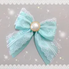 確認　たらりんヘアリボン ヘアゴム　596　ミントブルー　レース　入学式