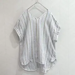 Y469 INED イネド　麻　100%リネン　ブラウス　半袖　Vネック　ブルー