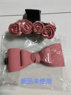 ピンク　バラ　リボン　ヘアクリップセット