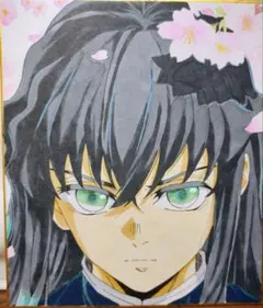 【一点物】鬼滅の刃時透無一郎 手描きイラスト 桜ver. ファンアート色紙サイズ