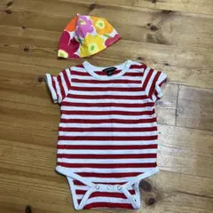 marimekko 赤白ストライプロンパースと帽子セットのサムネイル