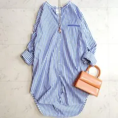 美品△TICCAティッカ//ストライプバンドカラーシャツ△プルオーバー