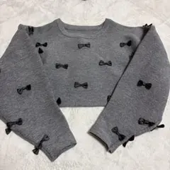 リボン装飾 グレー スウェット トップス