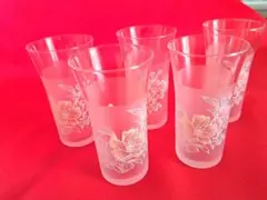 花柄エッチング フレア型ガラスコップ 5個セット　昭和レトロ　くもりガラス