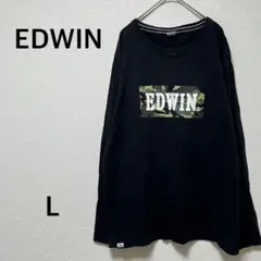 エドウィン Tシャツ 長袖カットソー　迷彩ロゴ　ブラック　コットン100% L