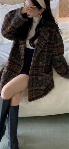 チェック柄ダブルボタンコート Fサイズ
