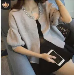 パフスリーブ　カーディガン　ニット　パール襟　入学式　卒業式◎グレー/M