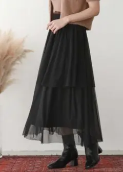 《ブラック》フリルロングスカート Mサイズ