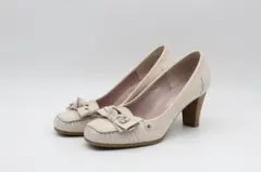 35■銀座かねまつ 本革リボンパンプス(22.5ｃｍ)美品