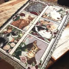 猫　花　マルチカバー　ソファーカバー　ヴィンテージラグ