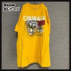 【ヘインズ】半袖Tシャツ　ライオン　アニマル　黄色イエロー　デカロゴ＠１