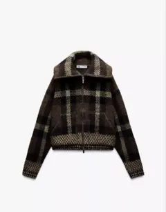 ZARA ニット　ブラウン チェック柄 ジップアップ