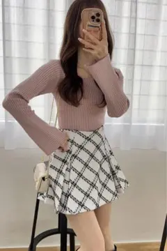 スクエアネックフレアスリーブリブニットトップス　ピンク　未使用