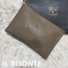 【美品】イルビゾンテ　ポーチ　クラッチバッグ　レザー　シボ革　ロゴ　グレージュ