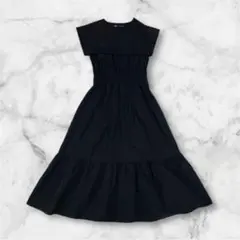 ZARA ロングワンピース 黒 M セーラーカラー風 ノースリーブ フレア 切替