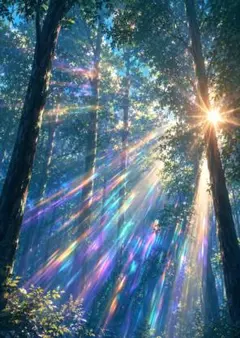【水彩画風】 虹彩の森に降る光 — 幻想森林アート・プリント作品