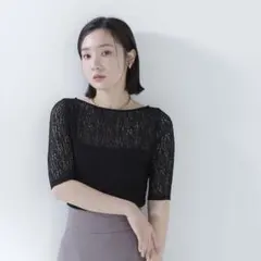 NATURAL BEAUTY BASIC ボートネック シアー　レーストップ 黒のサムネイル