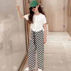 【新品未使用】ショート丈シャーリングトップス＋ブロックチェック柄パンツ160