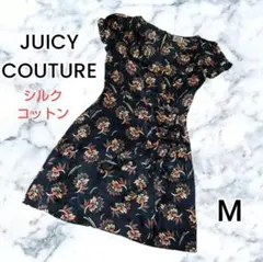 ジューシークチュール シルク 綿 ブラック 花柄 半袖 フリル 膝丈ワンピース2のサムネイル
