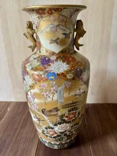 D-壁 【極美品・名品】九谷焼 龍山作 金彩 孔雀牡丹図 大花瓶 飾壺