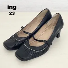 ing パンプス メリージェーン ブラック レザー 太ヒール スクエア 23