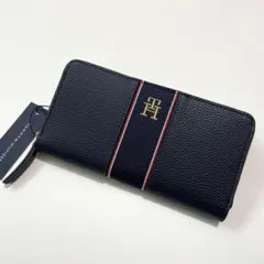 トミーヒルフィガー 長財布 ウォレット ラウンドファスナー ロゴ 切替 ネイビー