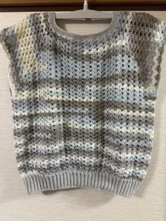 ハンドメイド ニットベスト 透かし編み ブルー系のサムネイル