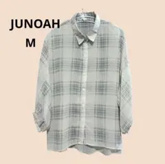 JUNOAH ジュノア チェック柄バルーンスリーブシャツ シアー ゆったり