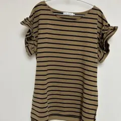 ボーダー フリル袖 カットソー ブラウン系　ワールド　美品　サイズ38のサムネイル
