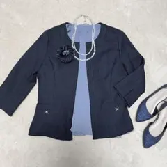 ツイード セレモニー ジャケット ネイビー ノーカラー スーツ 結婚式 七五三